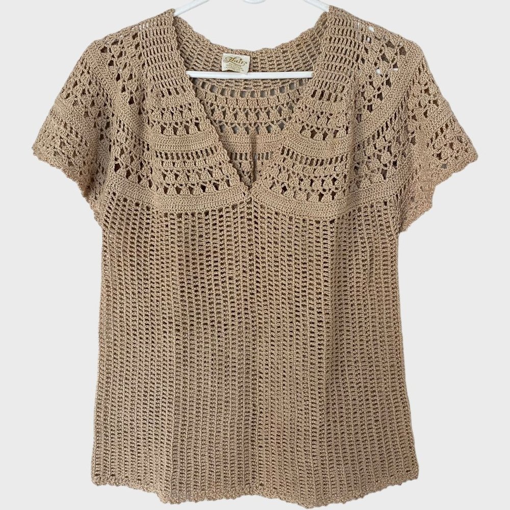 Flair Boho Crochet Knit V-Neck Blouse Womens Medium Tan Beige Short Sleeve Top